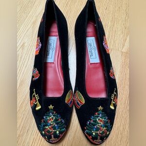 Holiday Embroidered Black Flats Worthington Velvet Size 5 Christmas Vintage